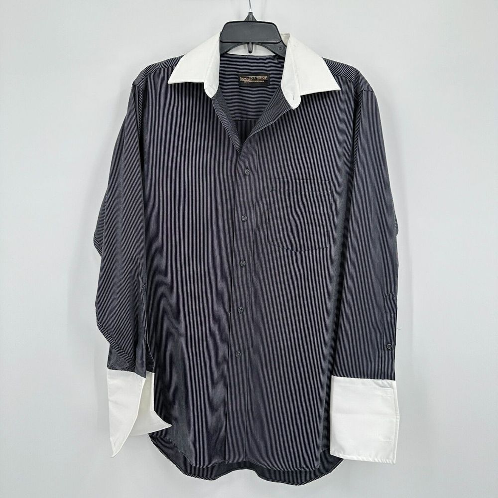 Donald J. Trump Dress Shirt Mens L Black White Pinstriped Button Up French Cuffs
